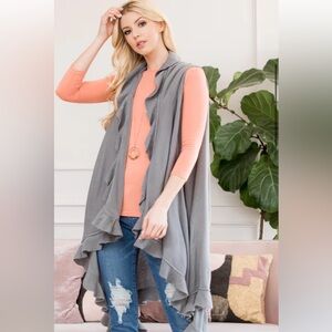 Riah Fashion Open Gray Ruffled Sleeveless Kimono Cardigan